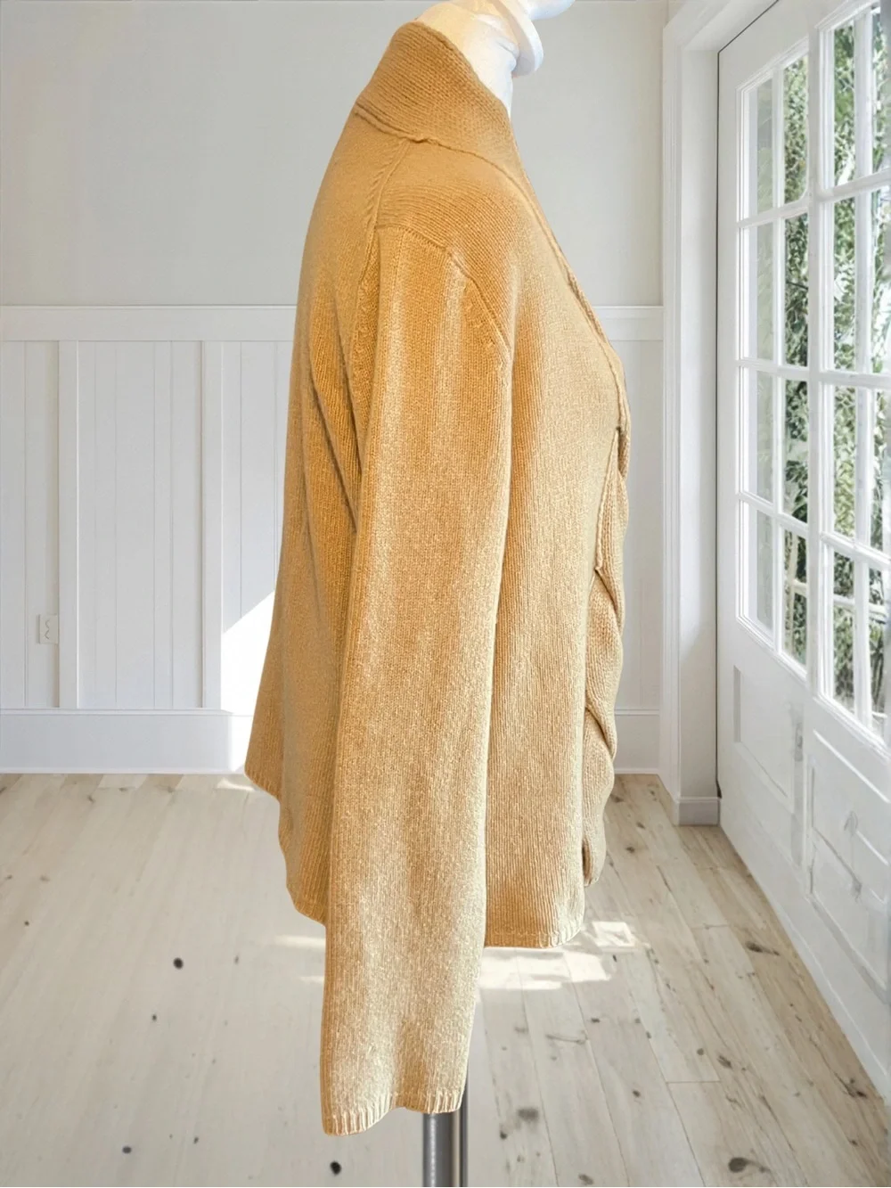 MADISON STUDIO Women's XL Tan 100% Cashmere Shawl Collar Cable Knit Sweater Top - Picture 4 of 15